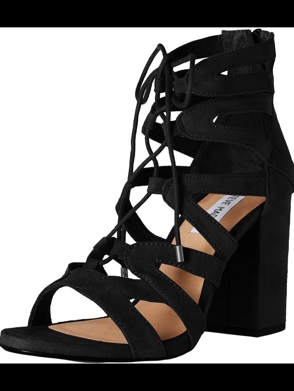 Steve Madden Black Suede Open Toe Lace Up Cut Out Block Heel Bootie Shoes Size 7